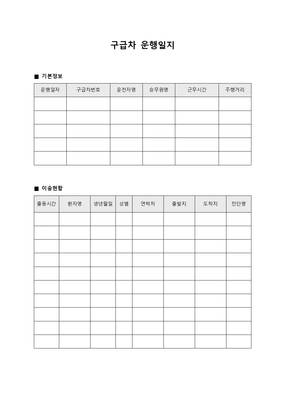 구급차운행일지 - 이송현황 현황판