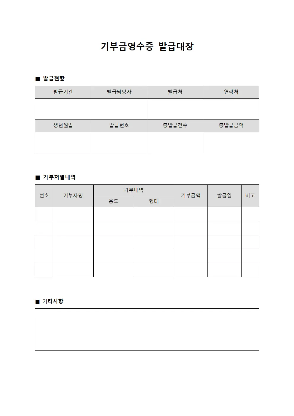 기부금영수증발급대장 처리현황관찰일지 서식문서
