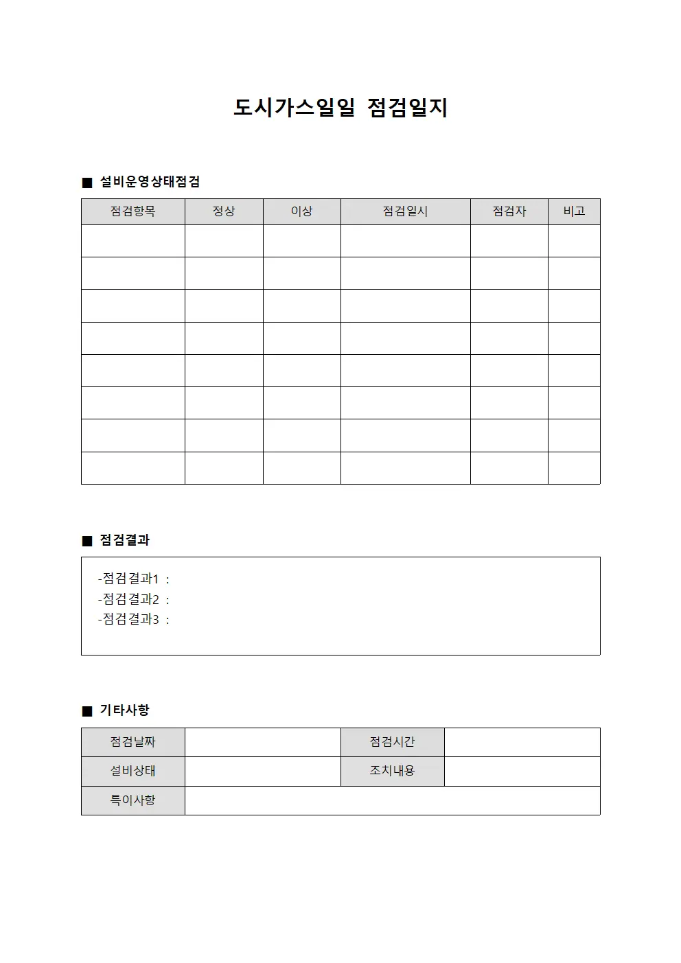 도시가스일일점검일지 (설비운영상태점검)