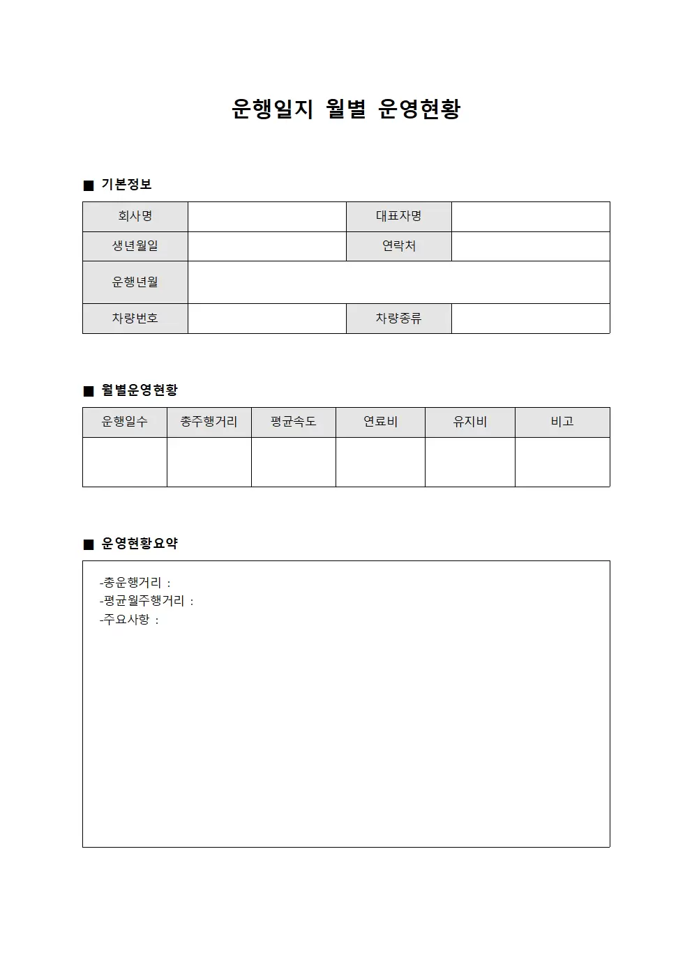 운행일지 월별 운영현황