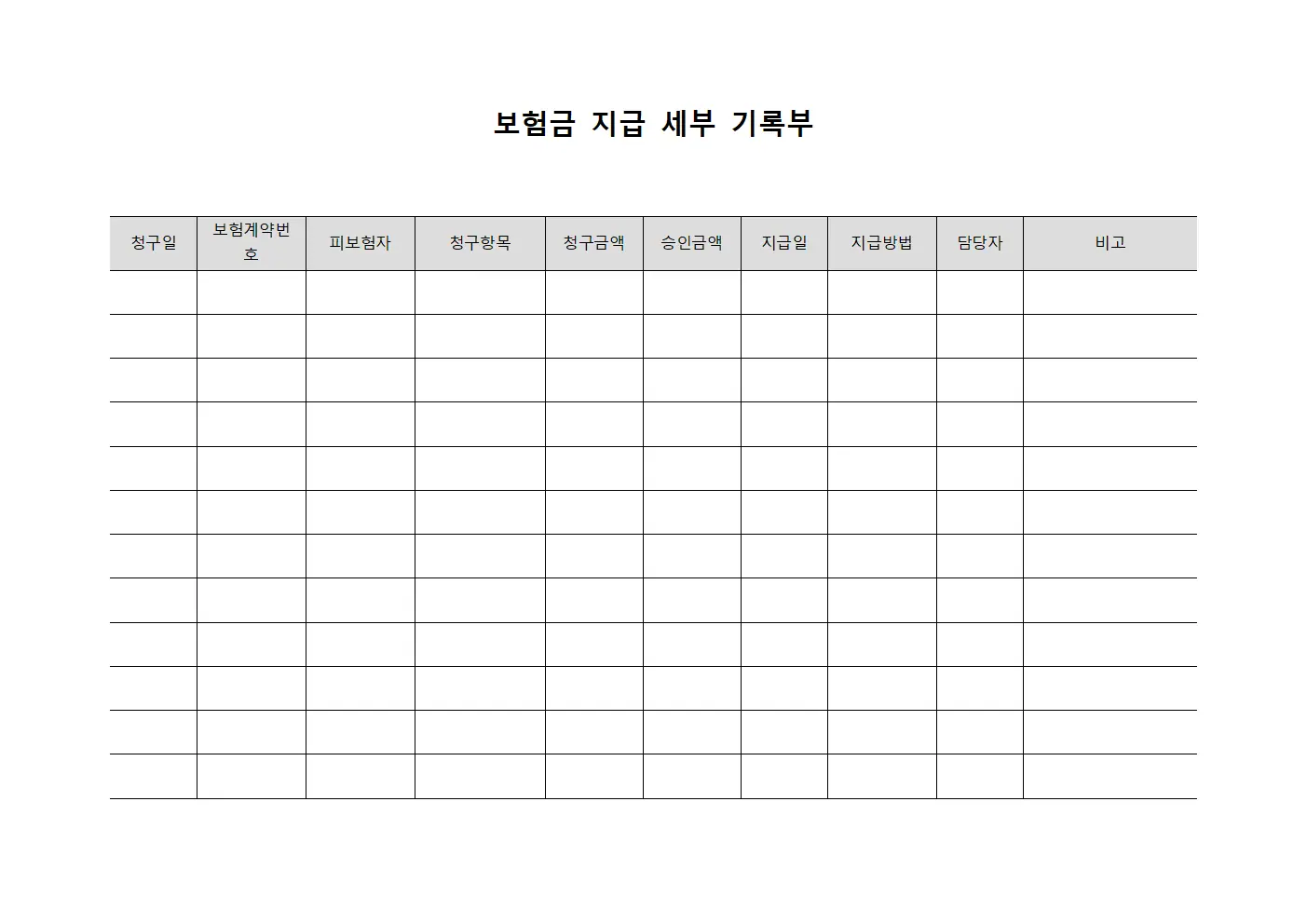 보험금 지급 세부 기록부 템플릿