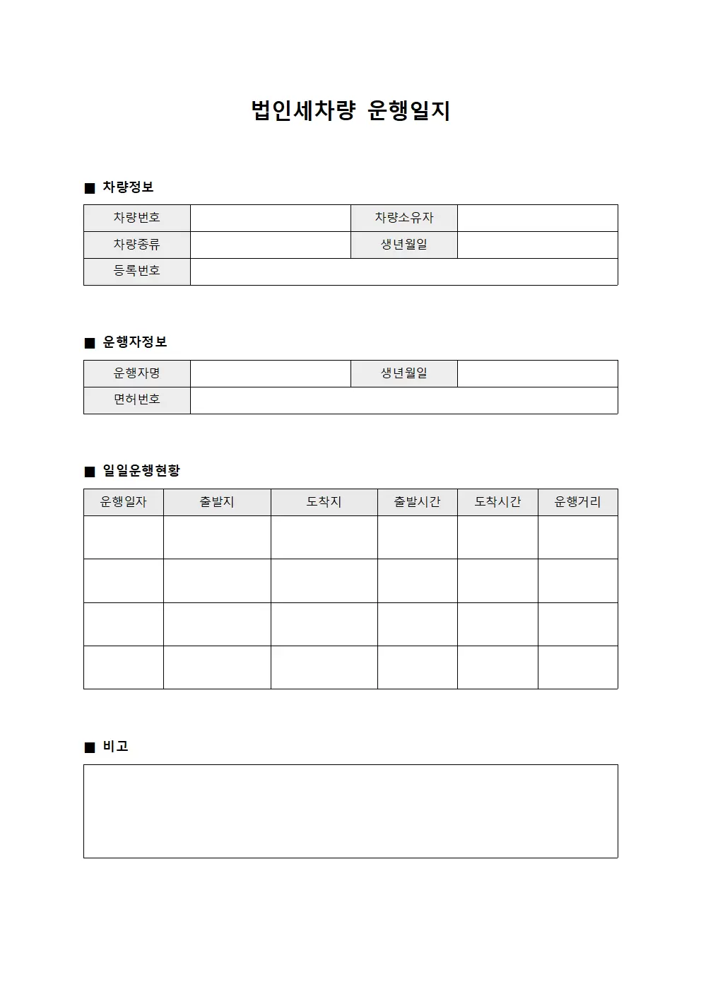 법인세차량운행일지 일일운행현황 문서서식