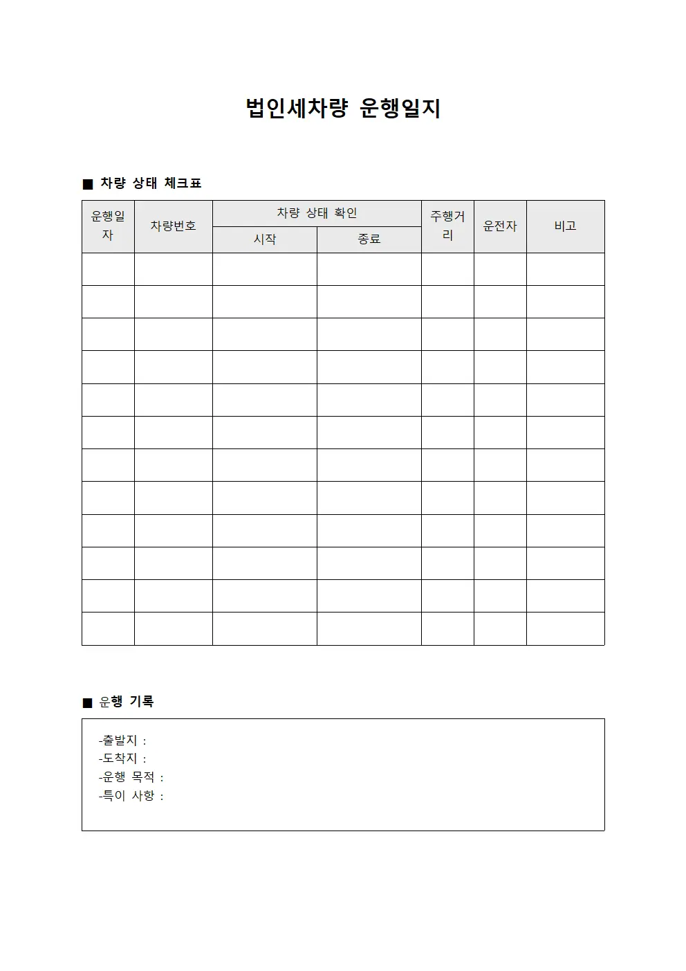 법인세차량운행일지 (차량상태체크표)