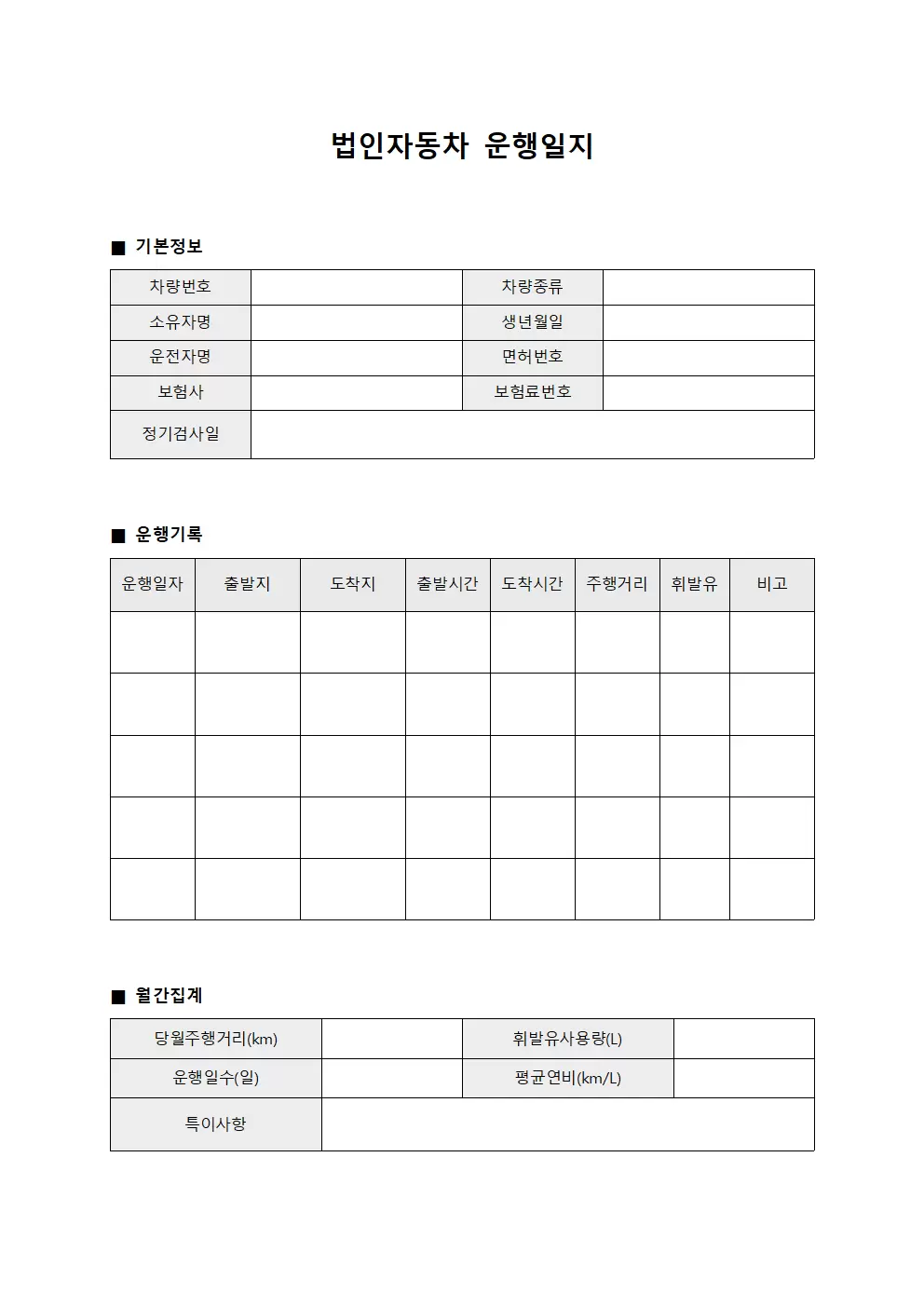 현장 차량 운행일지 운영대장 서식문서