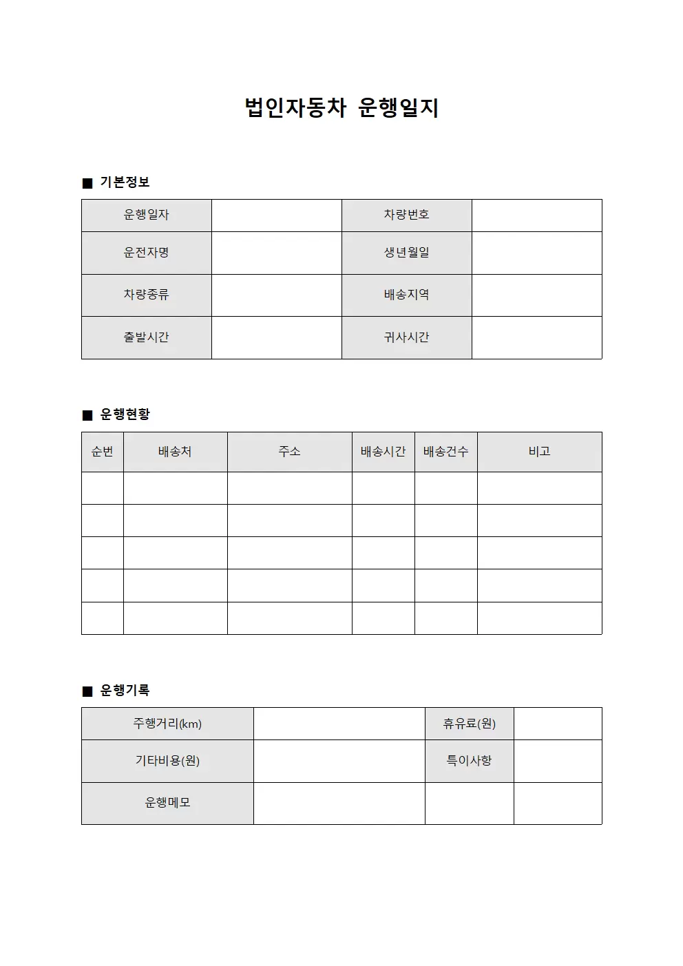 일일 배송 차량 운행일지 현황