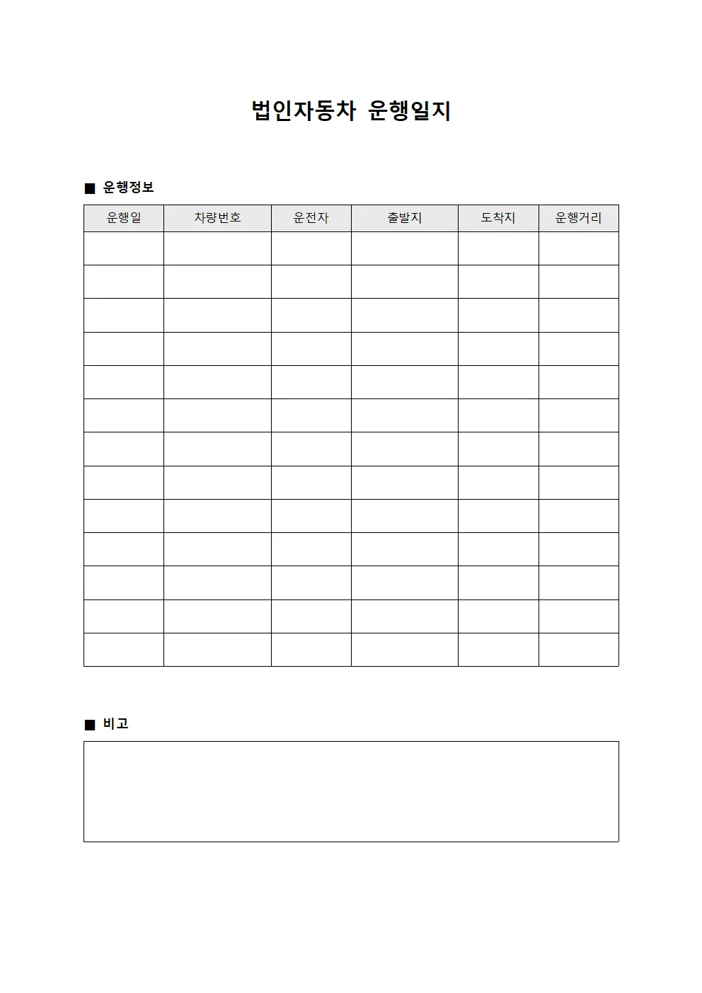 일일운행현황 법인자동차운행일지