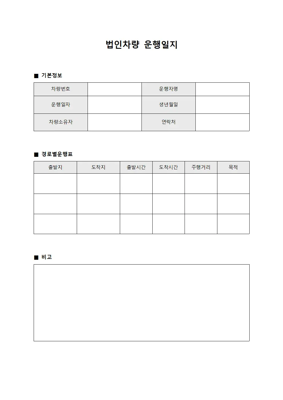 법인차량운행일지 경로별운행표