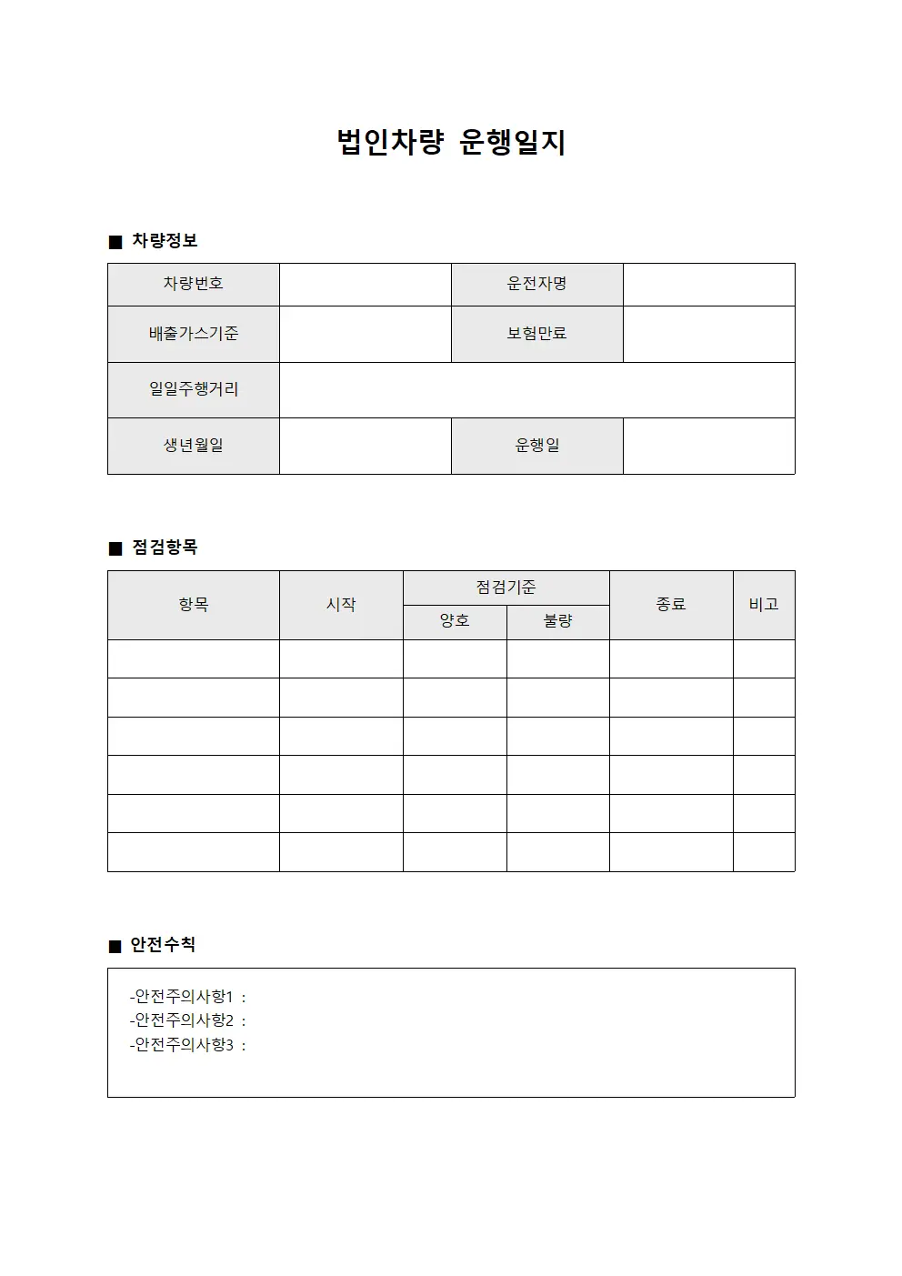 배달 담당 차량 운행일지 점검표 양식문서