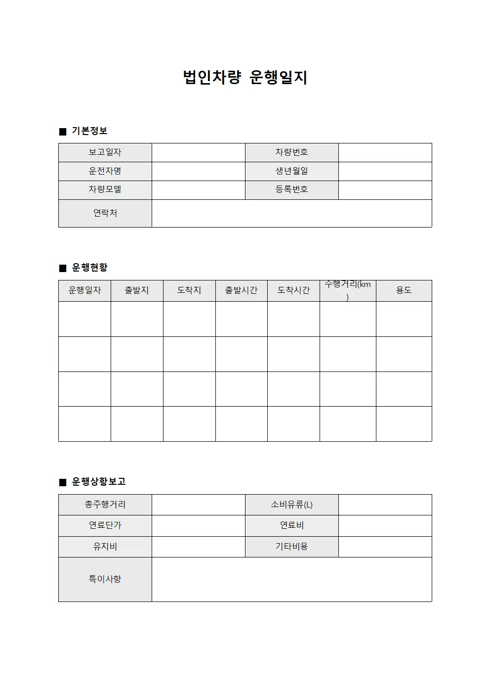 차량 운행일지 운영 상황 보고서