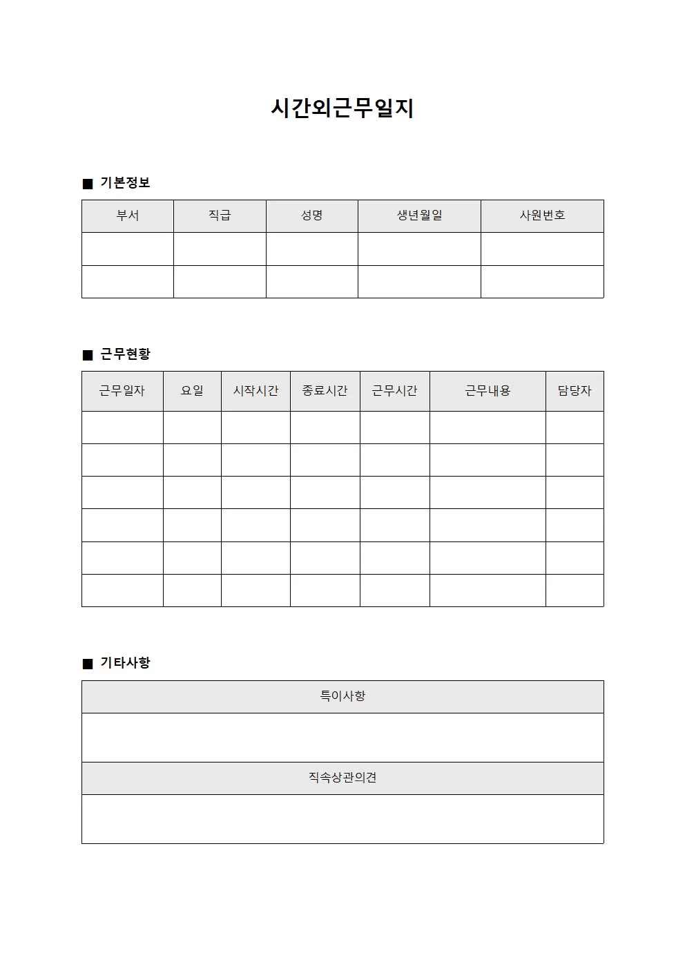 시간외근무일지 (임직원 운영현황)