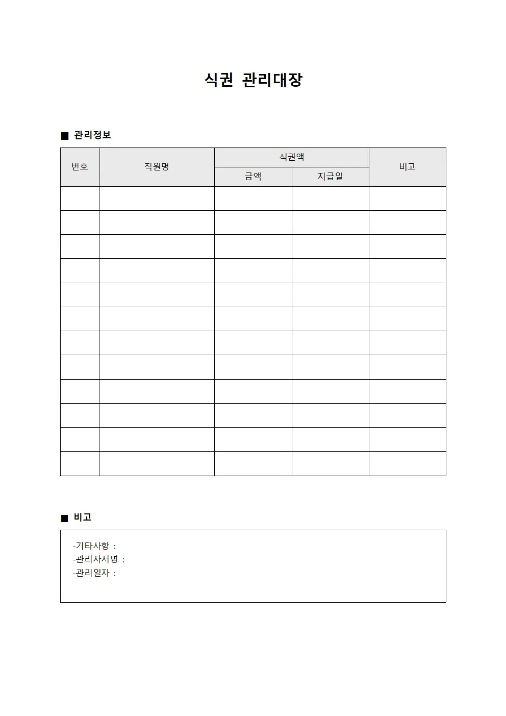 전사운영경비 식권관리대장 양식문서