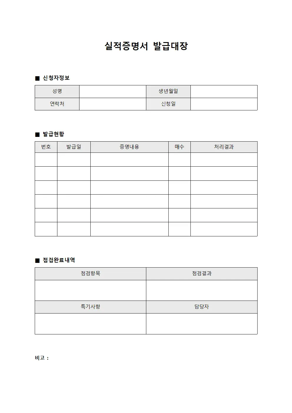 실적증명서발급대장 - 점검완료내역