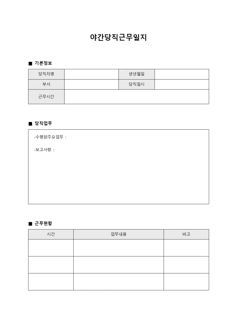야간당직근무일지 - 일일 업무 운영