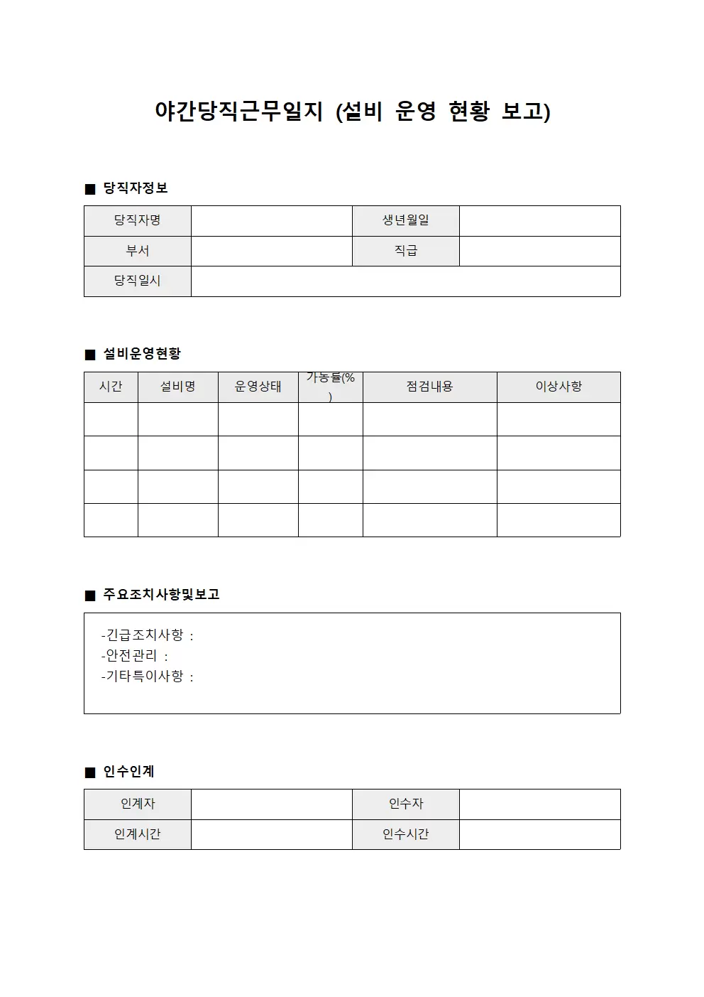 야간당직근무일지 (설비 운영 현황 보고)
