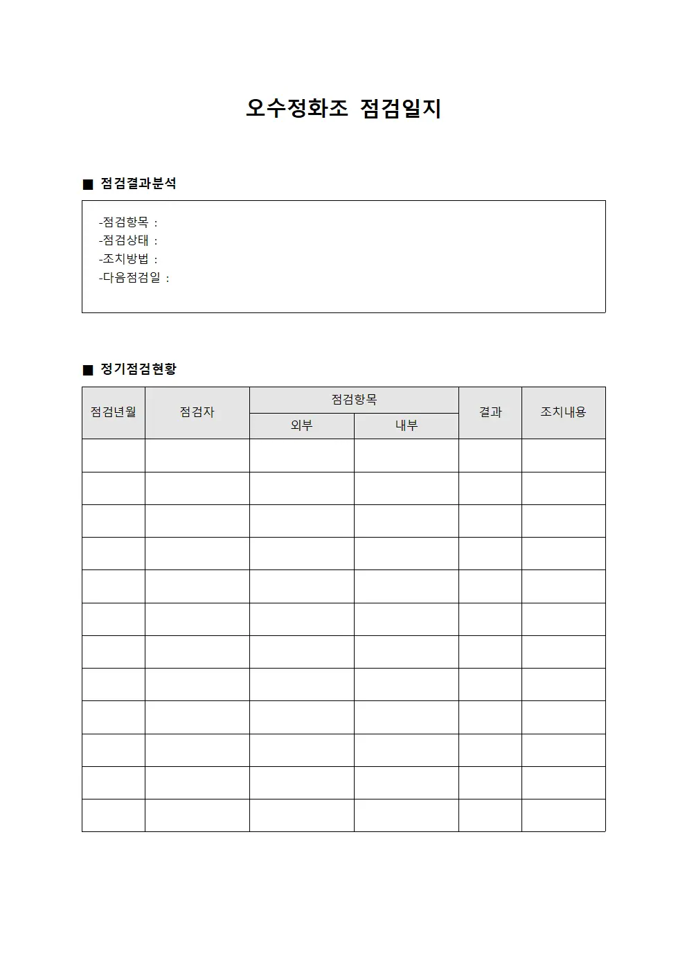 오수정화조점검일지 - 정기점검결과현황