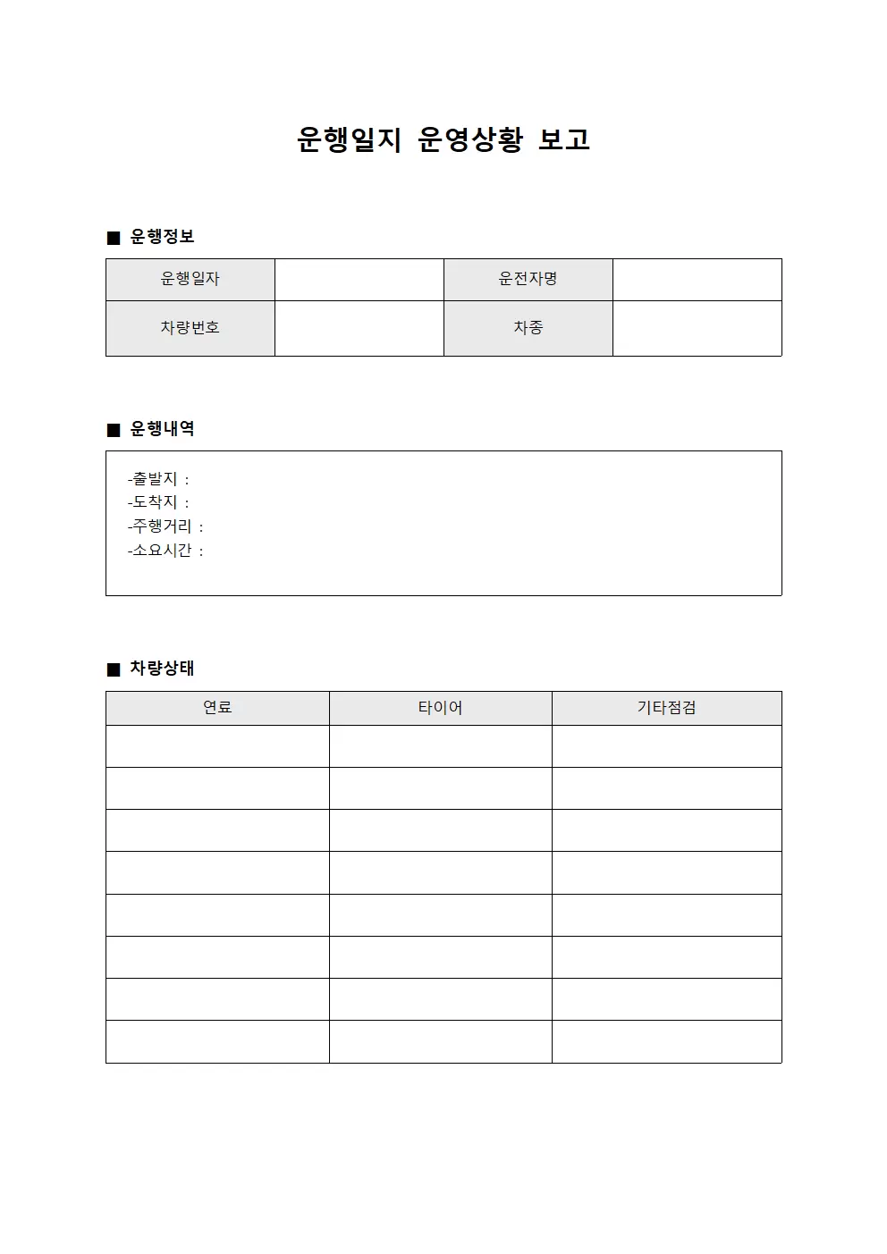 운행일지 운영상황 보고 양식문서