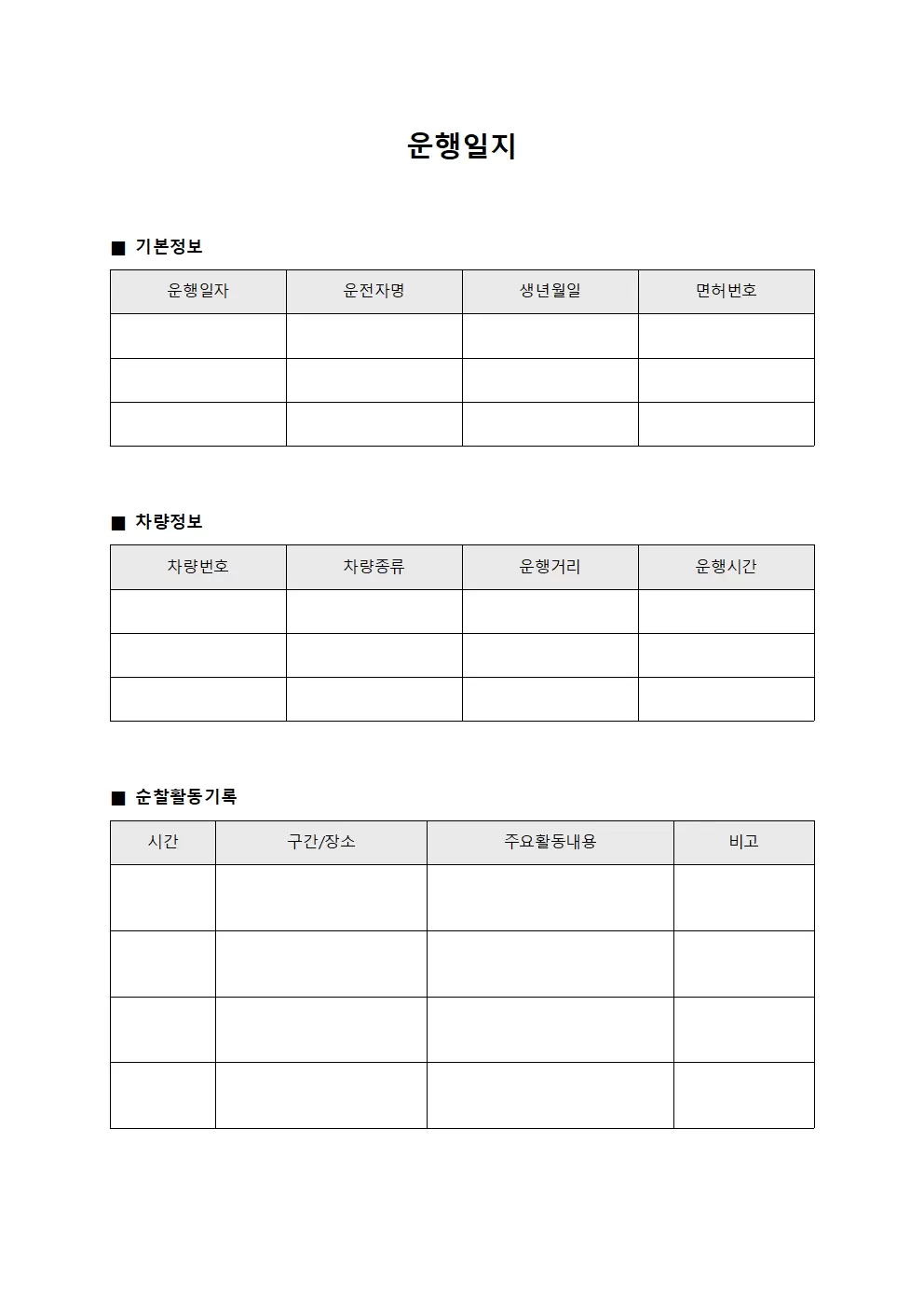 운행일지 - 정기순찰 대장
