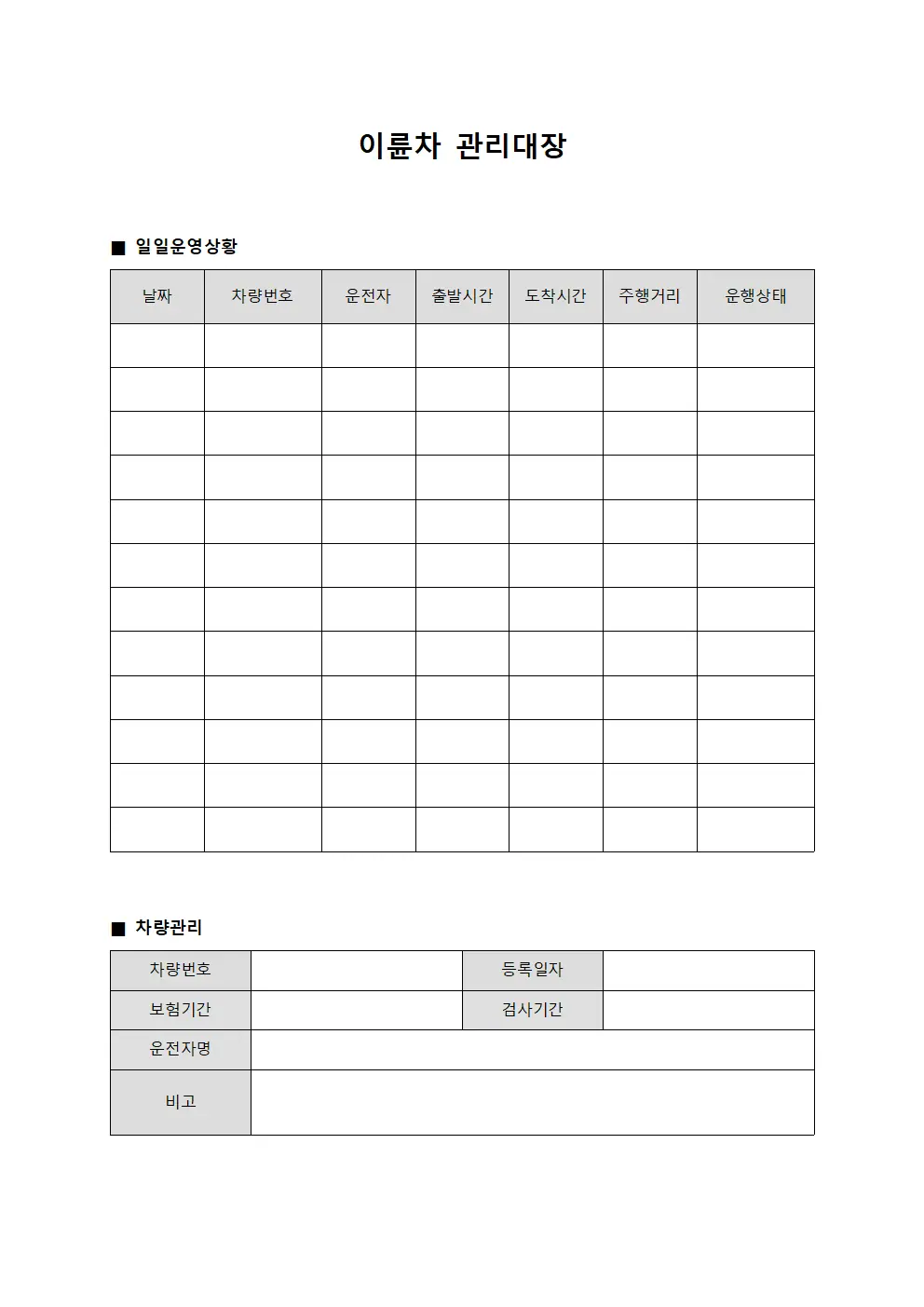 이륜차관리대장 (일일운영상황)
