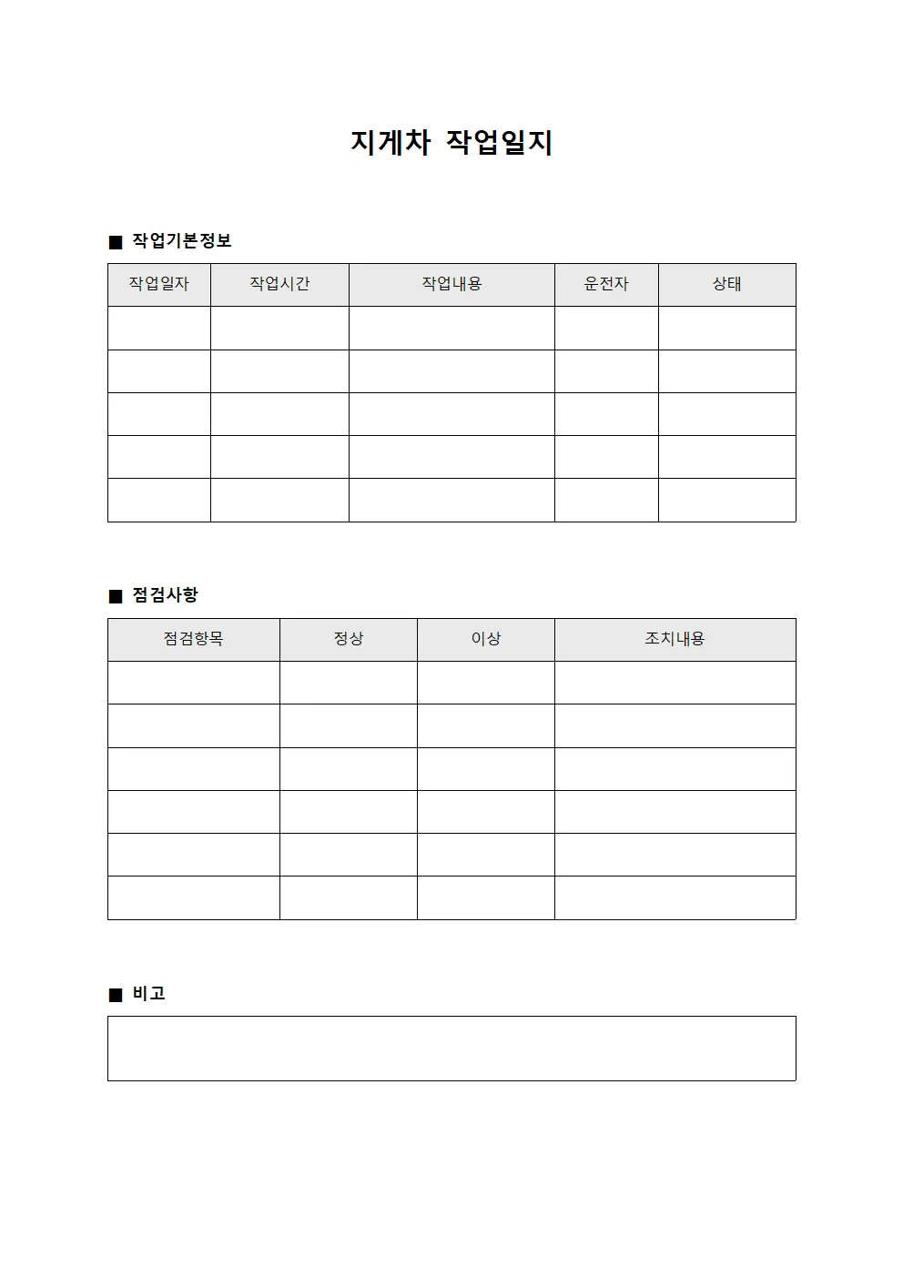 지게차작업일지 (정기 점검 현황판)