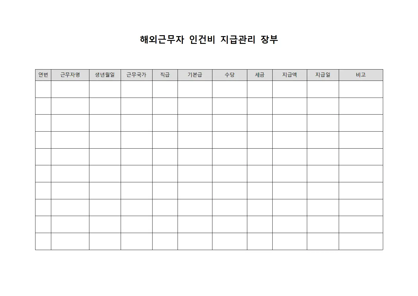 해외근무자 인건비 지급관리 장부 양식파일