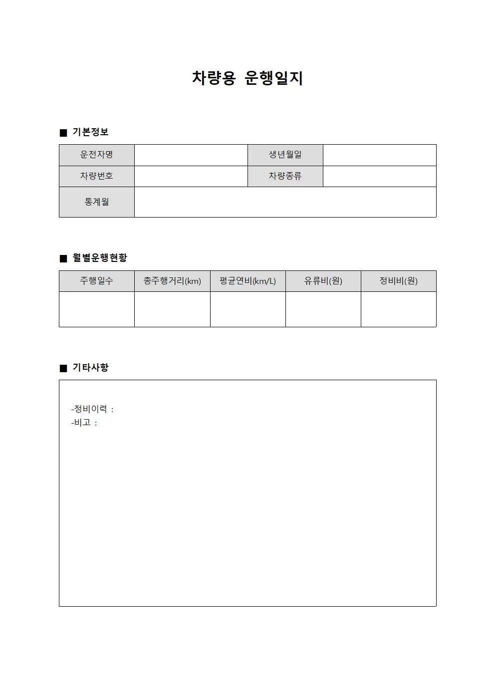 차량용운행일지 - 월별 통합현황