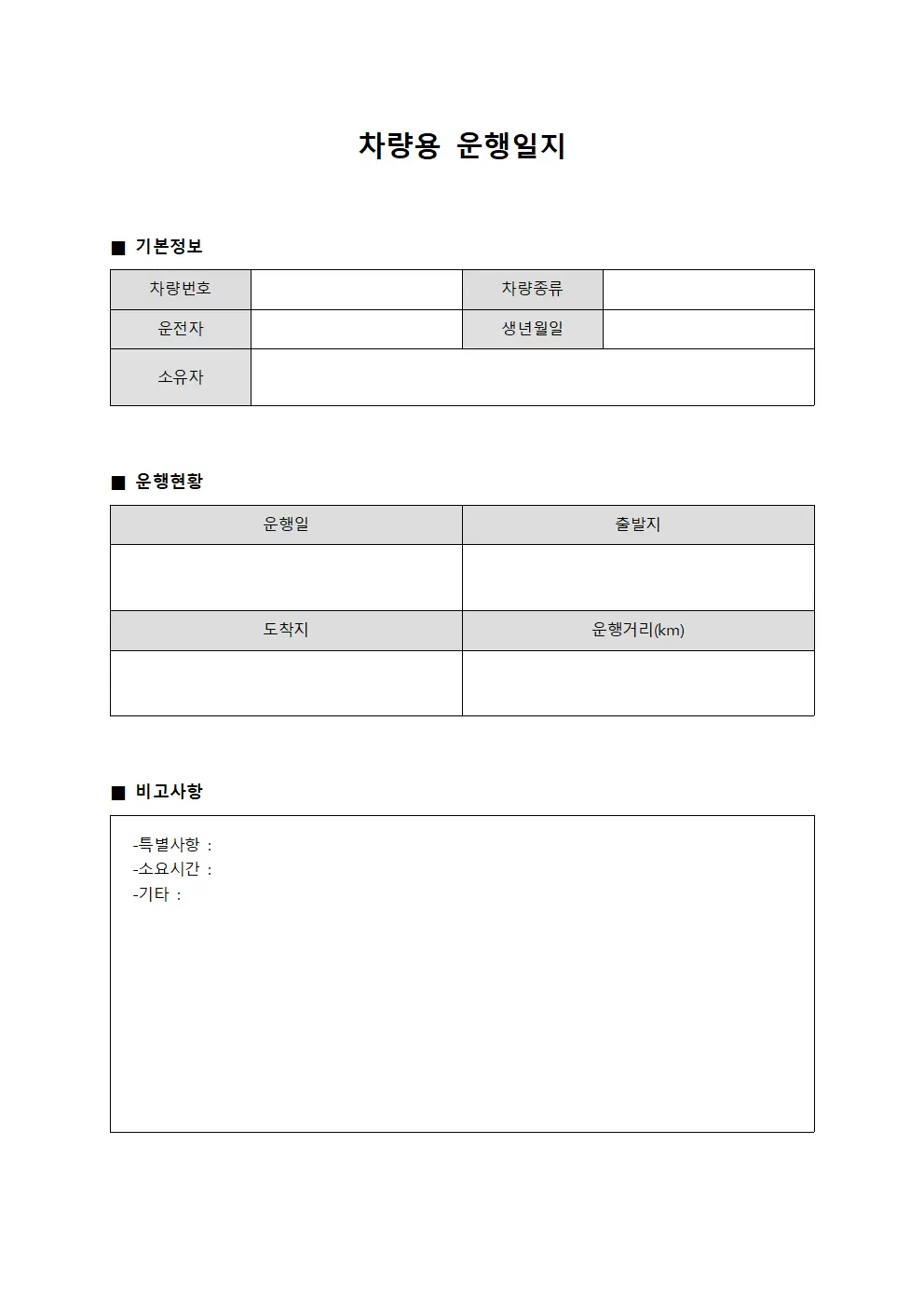 차량용운행일지 (운영현황 보고서)