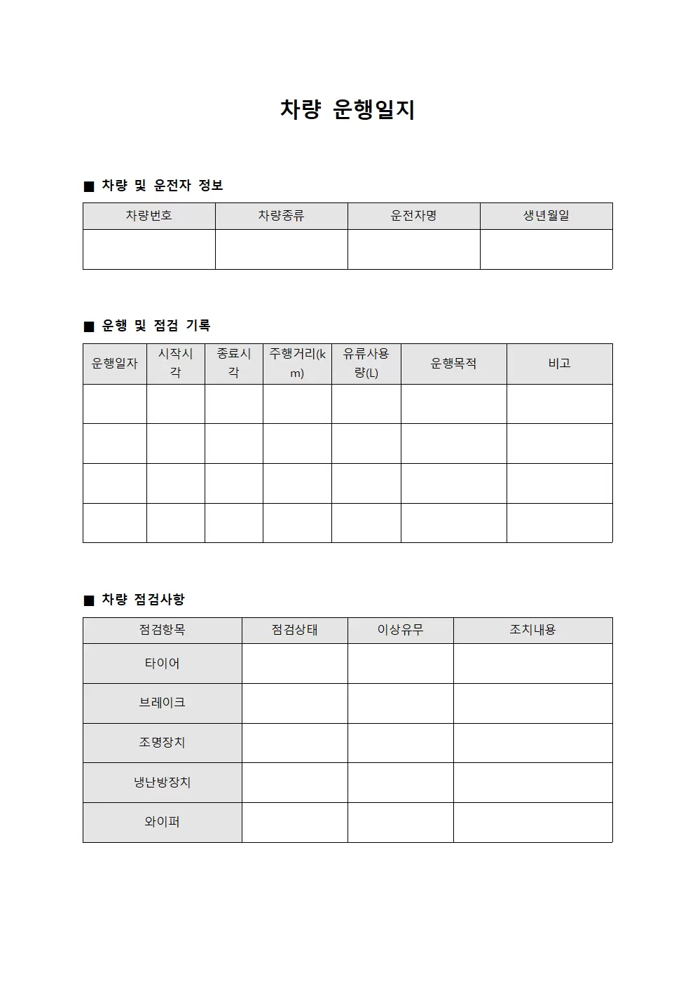 차량운행일지 (운영점검대장)