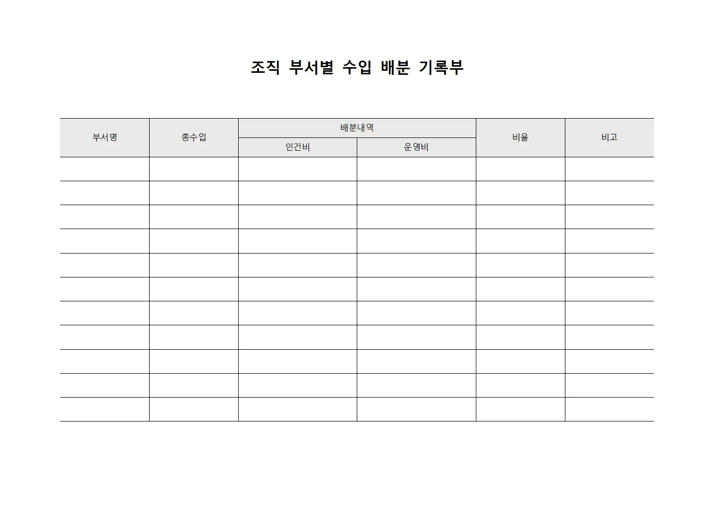 조직 부서별 수입 배분 기록부 양식문서
