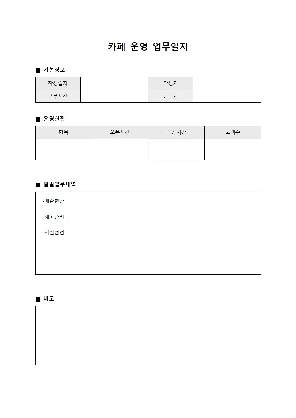 카페 운영 업무일지