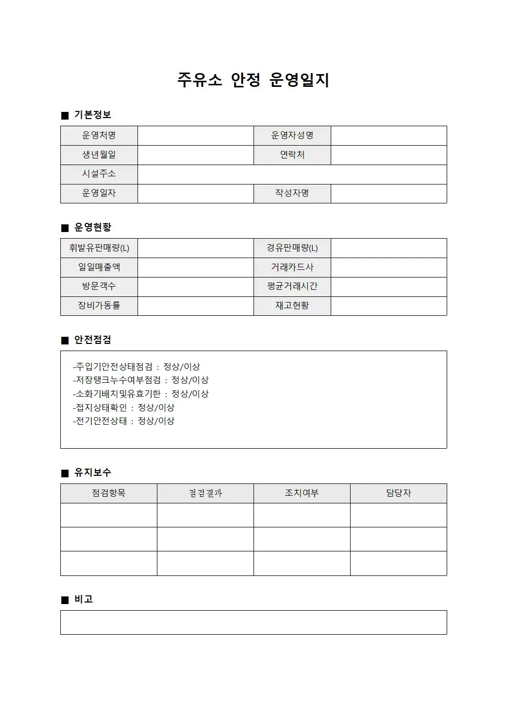 주유소 안정 운영일지