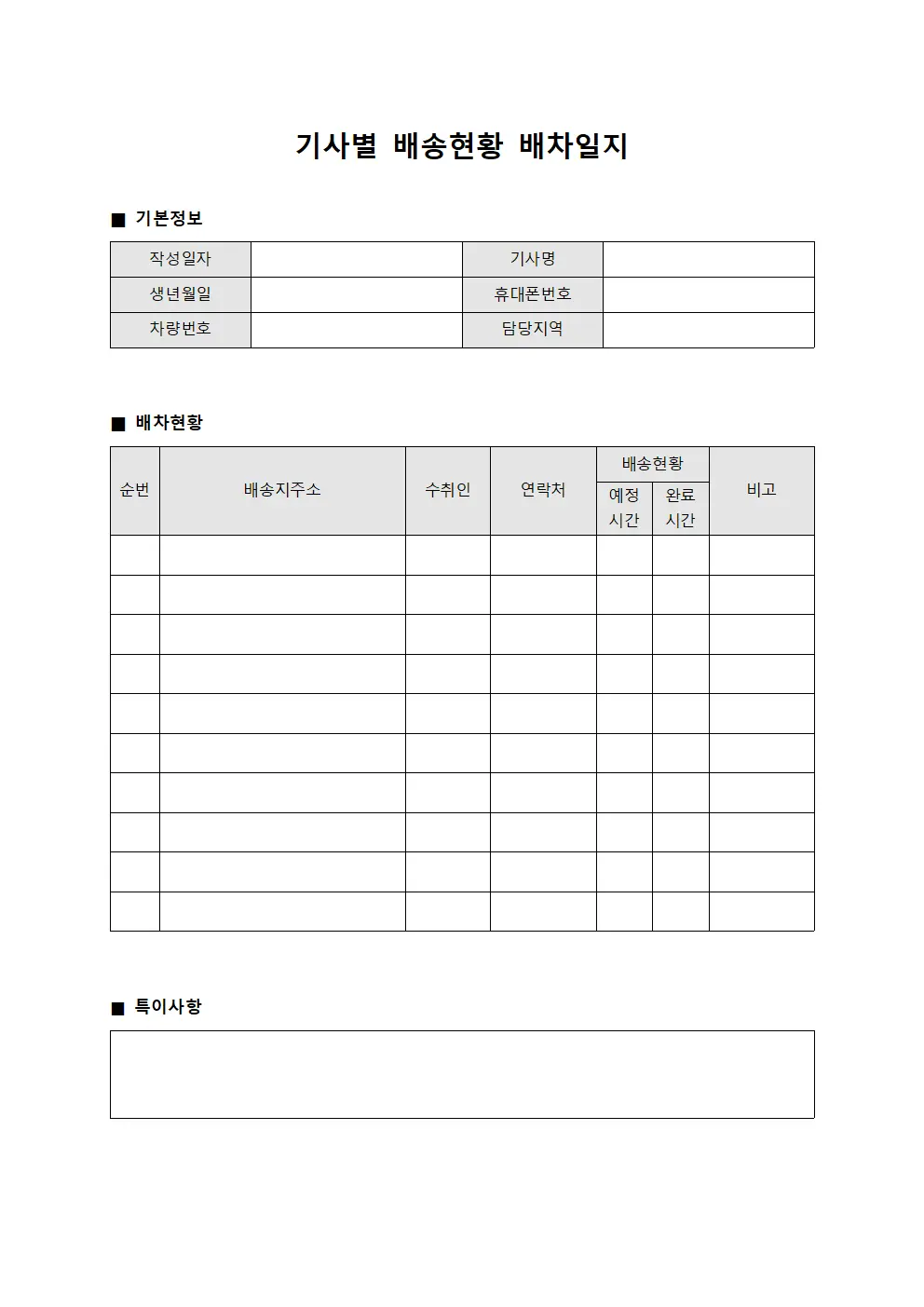기사별 배송현황 배차일지
