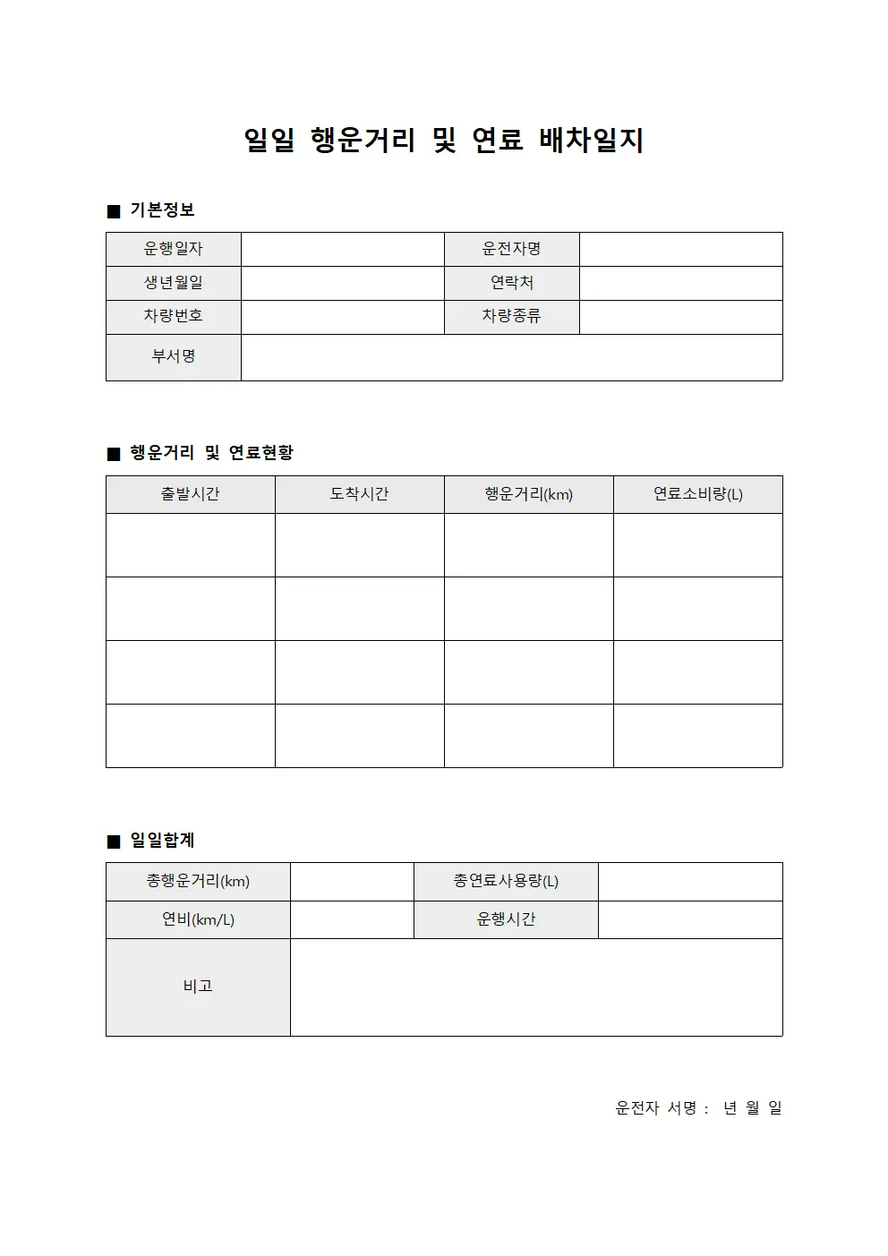 일일 행운거리 및 연료 배차일지
