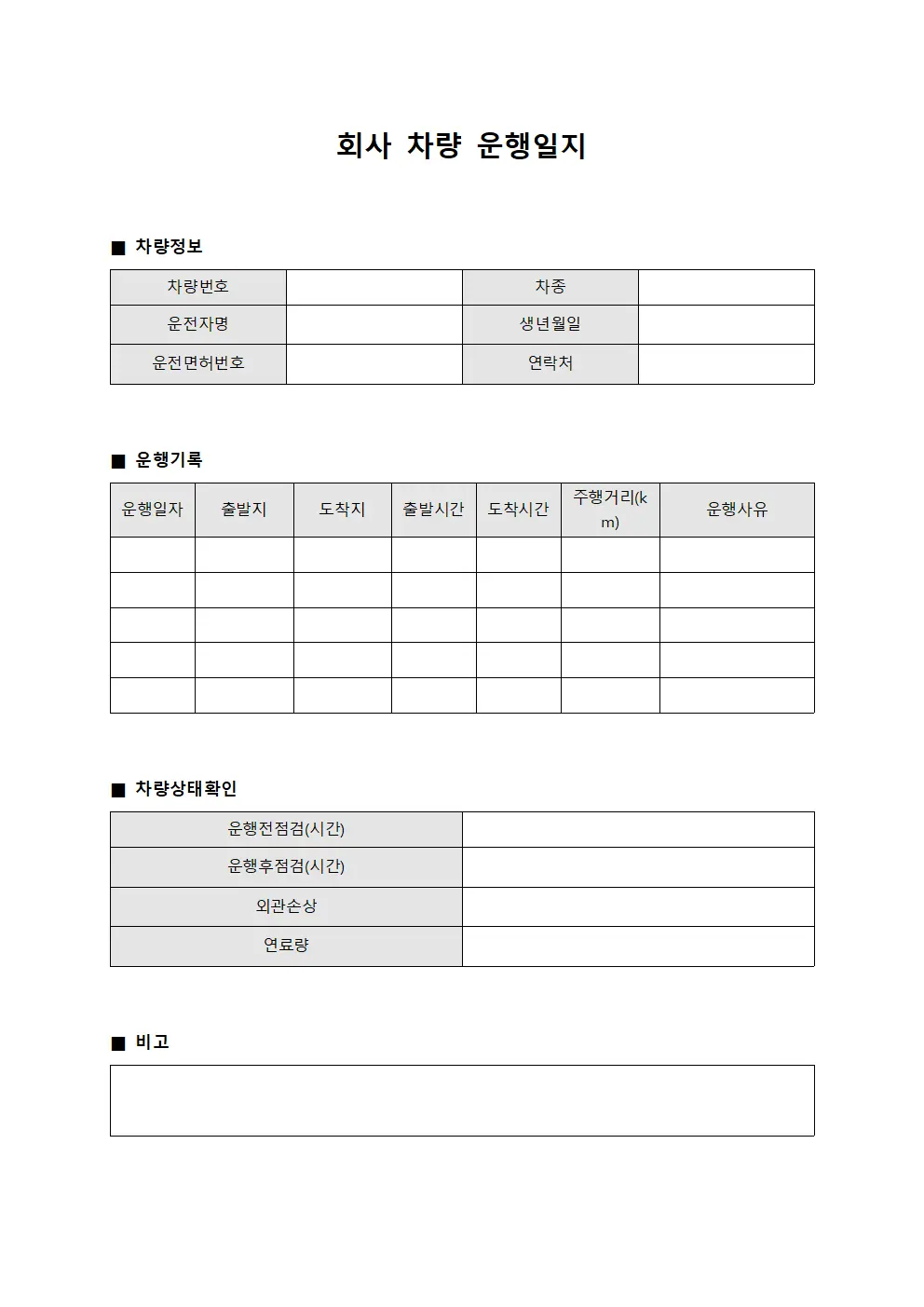 회사 차량 운행일지 문서양식