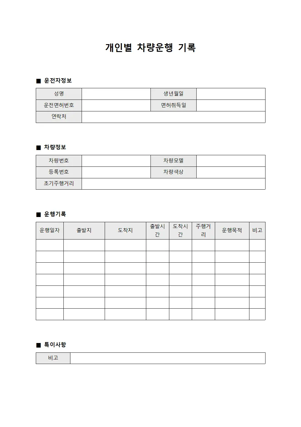 개인별 차량운행 기록 문서서식