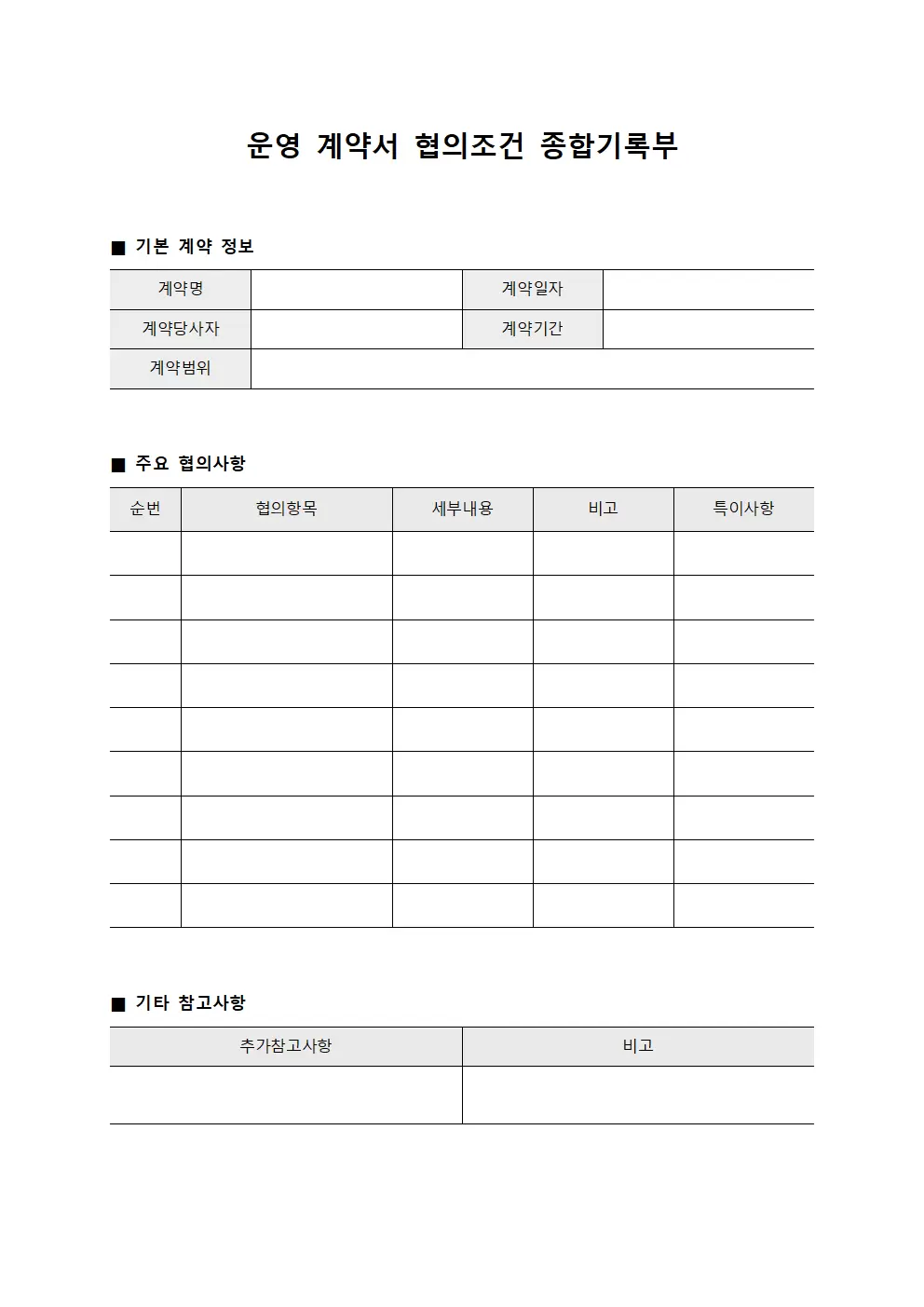 운영 계약서 협의조건 종합기록부 양식문서