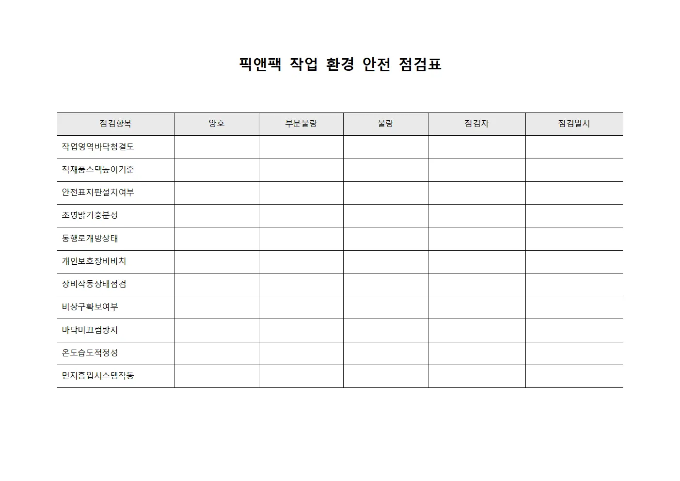 픽앤팩 작업 환경 안전 점검표
