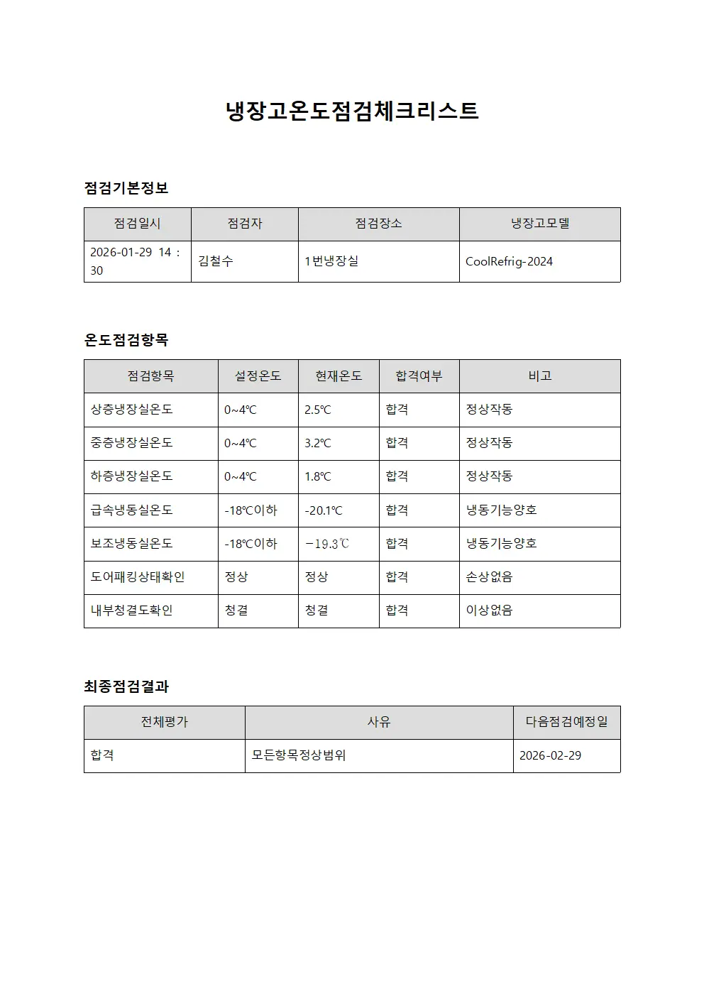 냉장고온도점검체크리스트 서식문서