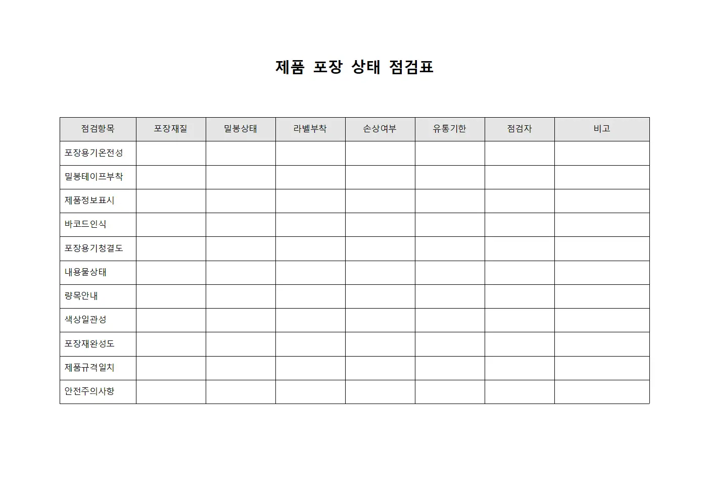 제품 포장 상태 점검표
