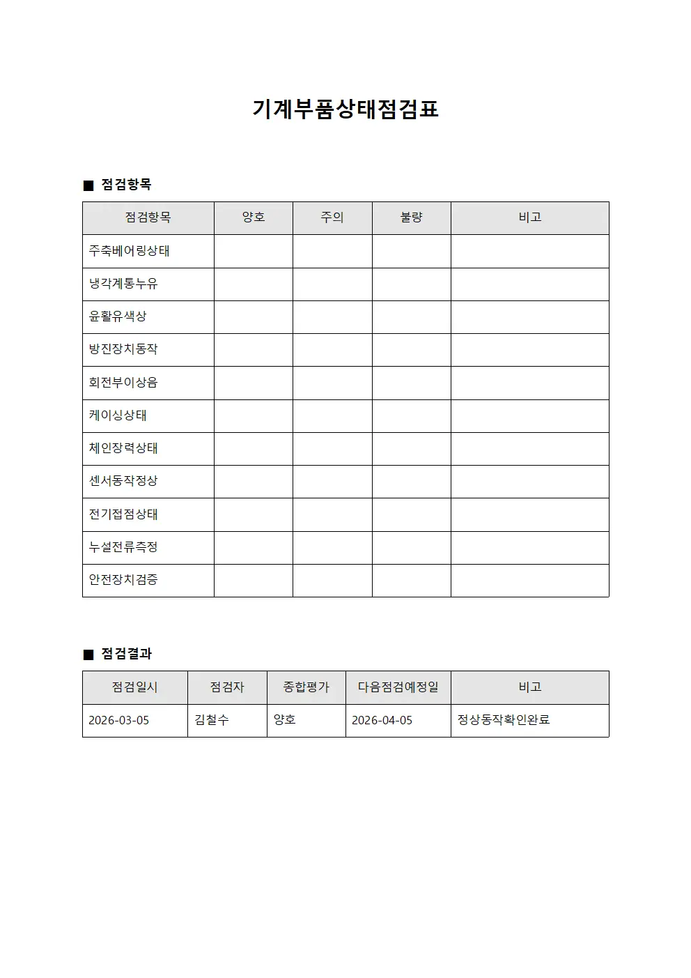기계부품상태점검표 문서서식