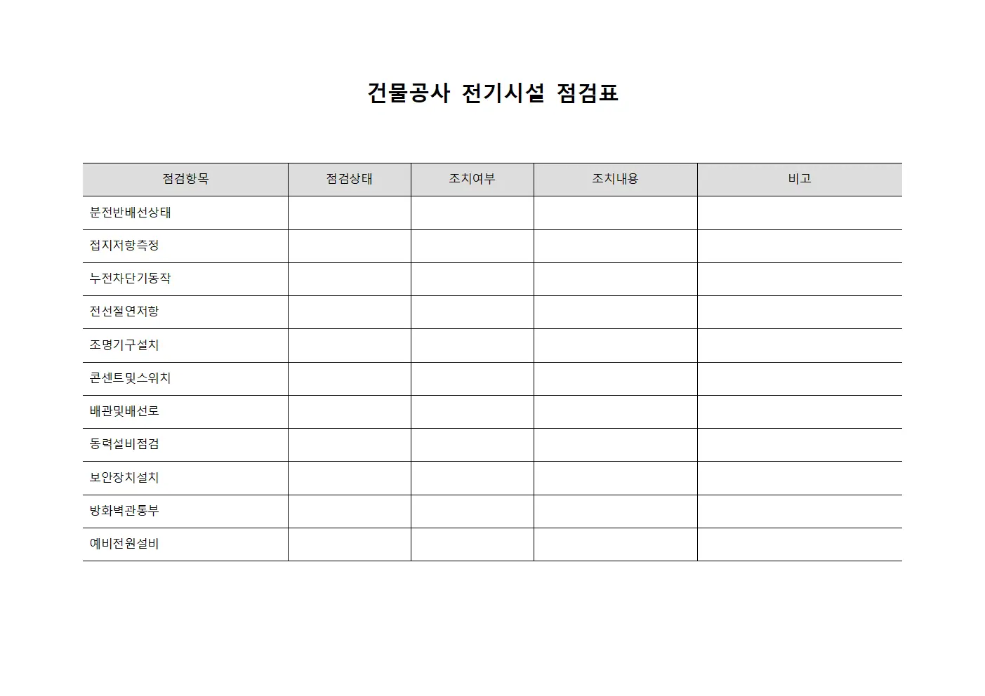 건물공사 전기시설 점검표 문서.양식