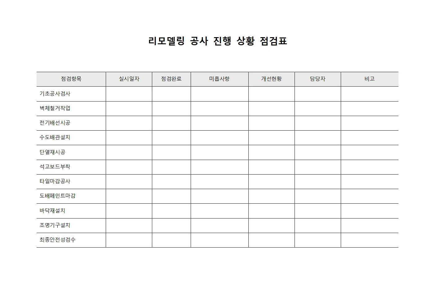 리모델링 공사 진행 상황 점검표
