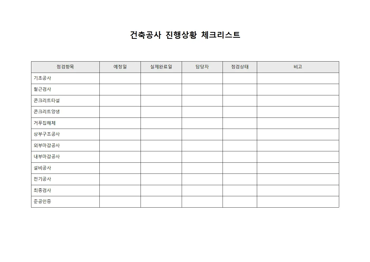 건축공사 진행상황 체크리스트 양식문서
