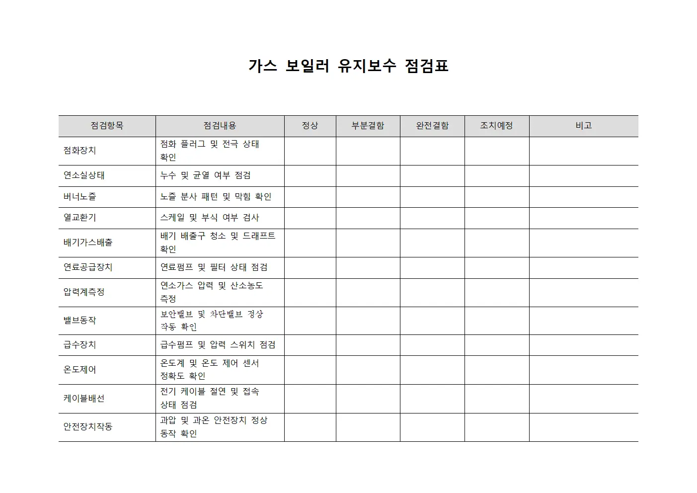가스 보일러 유지보수 점검표