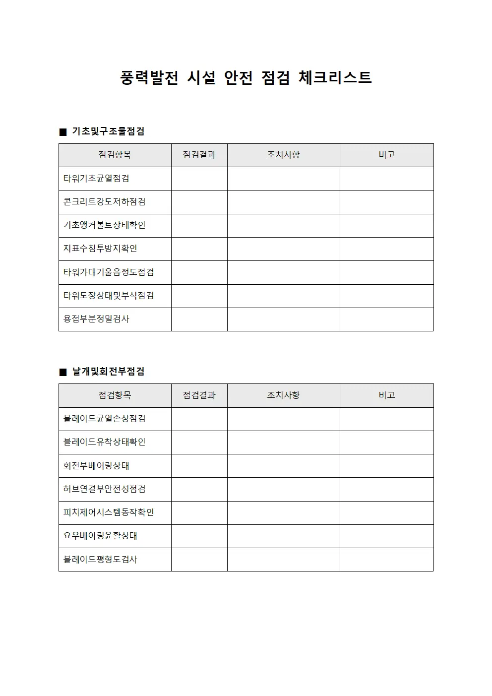 풍력발전 시설 안전 점검 체크리스트 파일양식