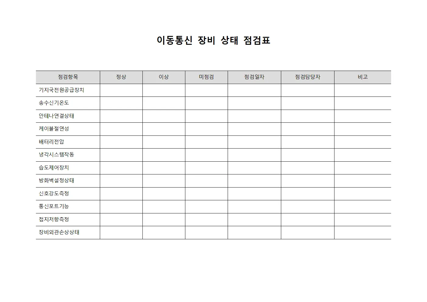이동통신 장비 상태 점검표 서식