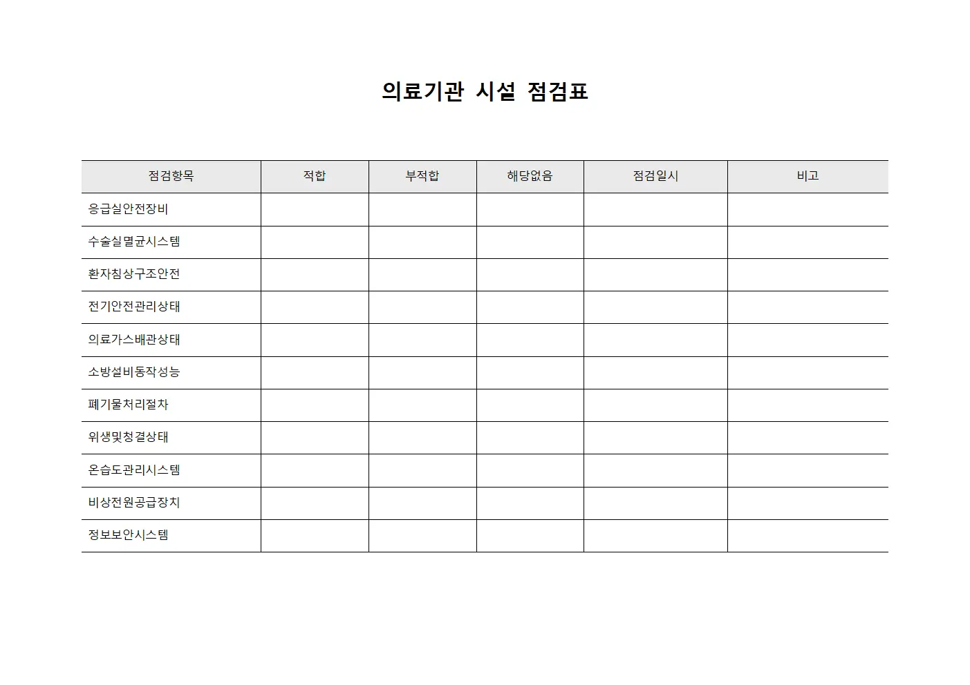 의료기관 시설 점검표 양식파일