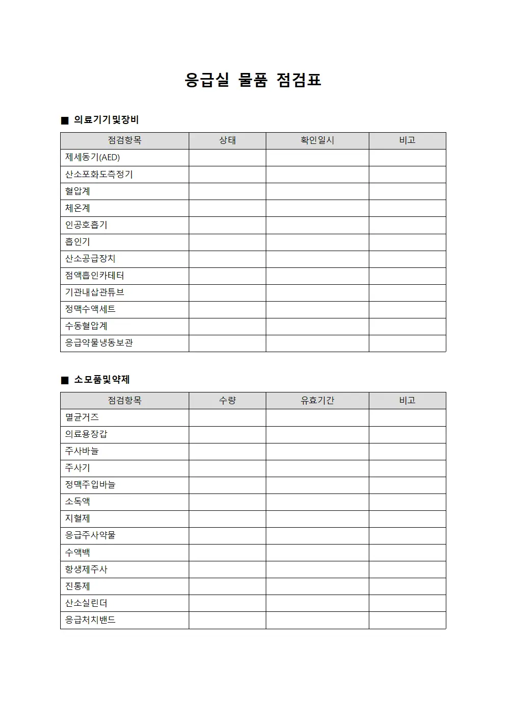 응급실 물품 점검표