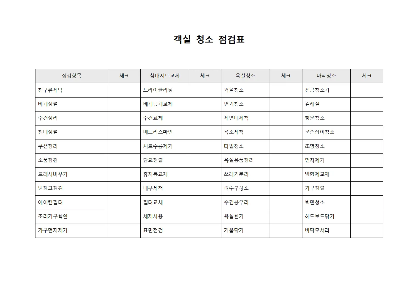 객실 청소 점검표