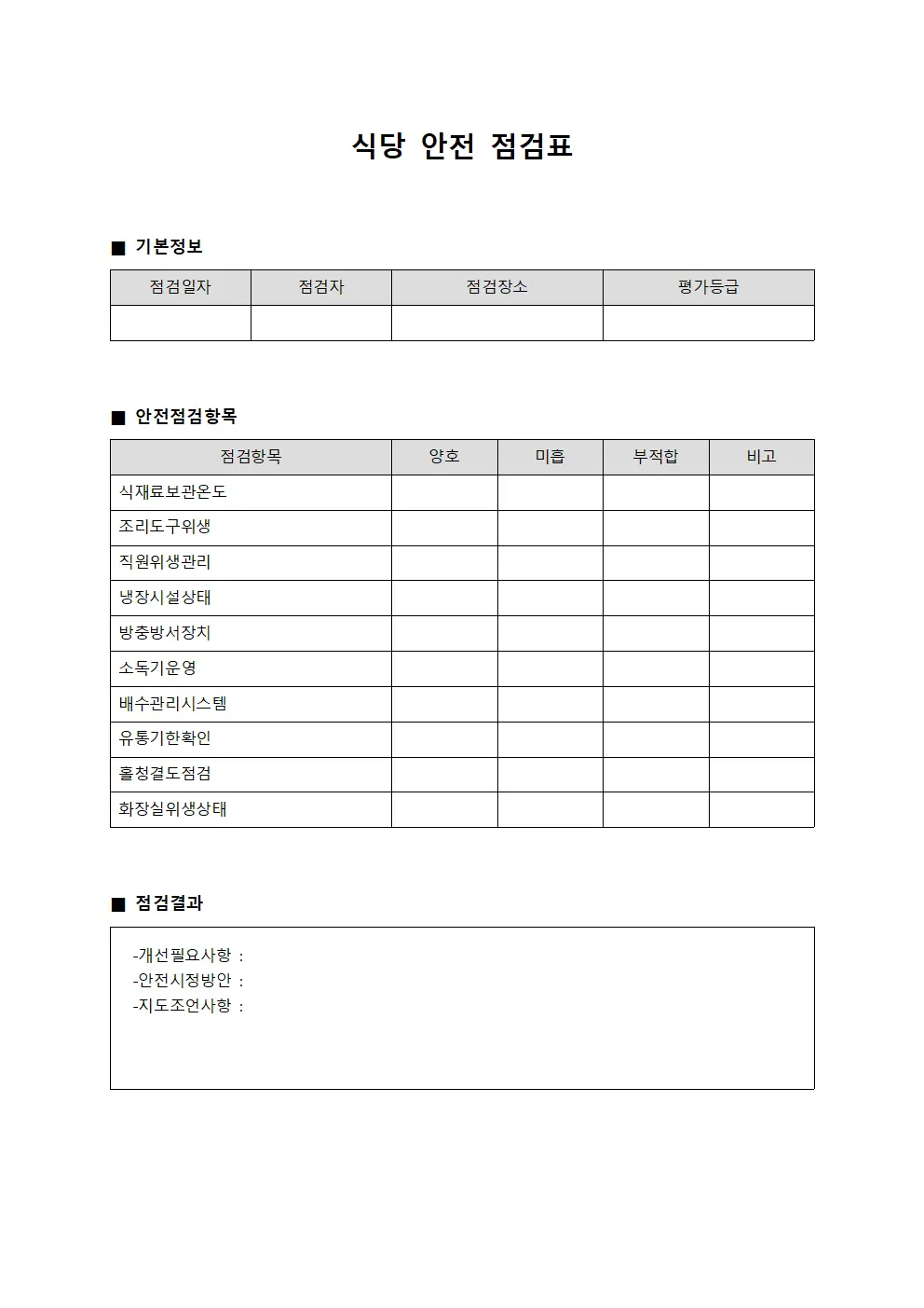 식당 안전 점검표 양식파일