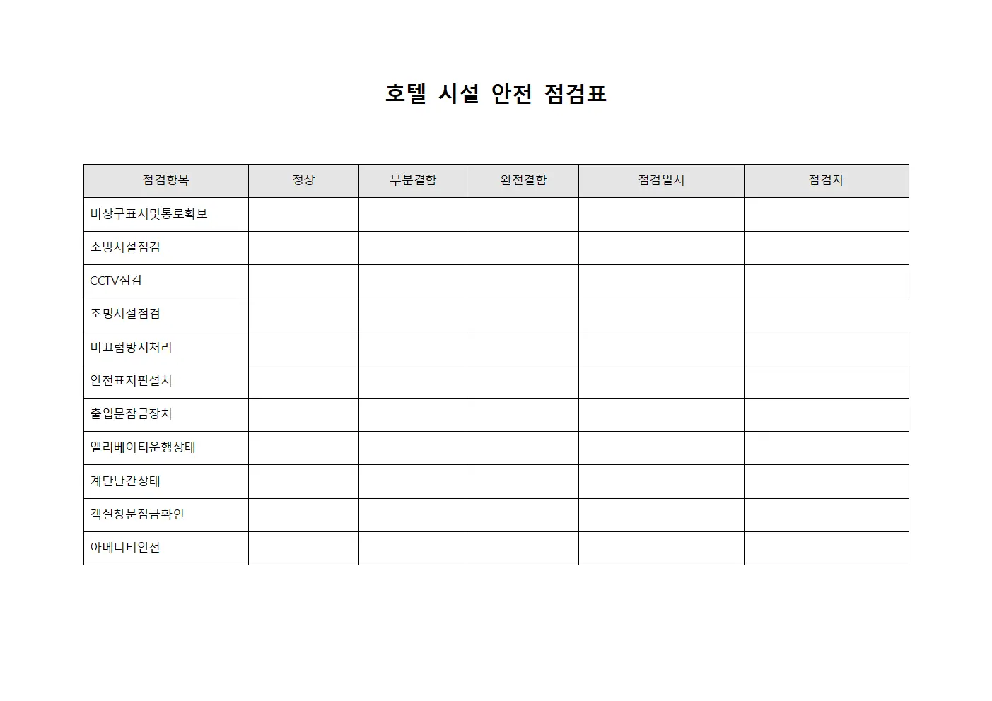 호텔 시설 안전 점검표